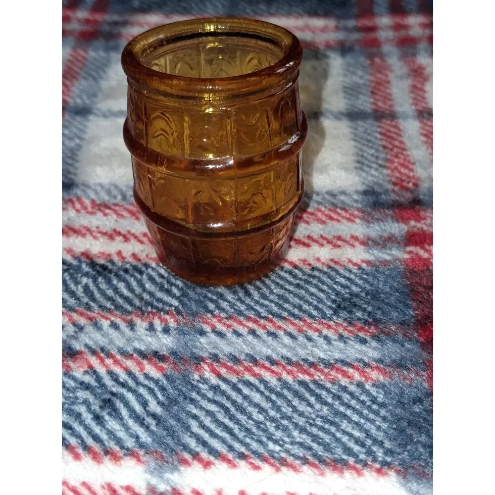 Vintage Amber Glass Barrel Shot Glass / Toothpick Holder Retro Collectible